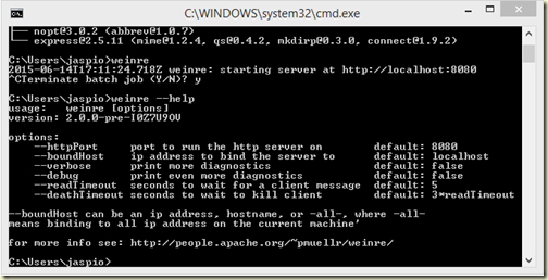 Running Weinre from the command line